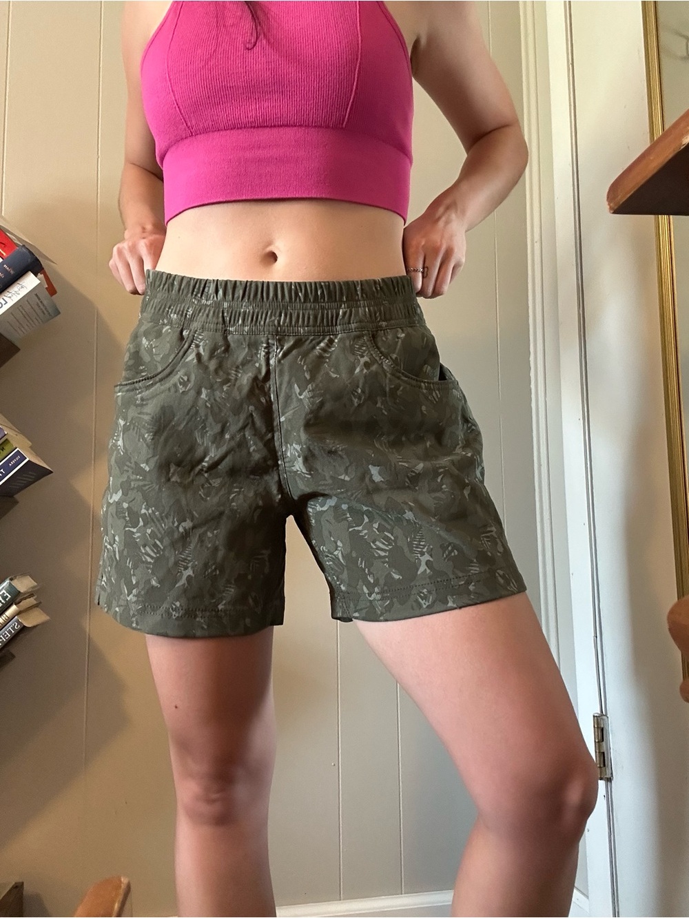 Prana Olive Green Printed Elastic-Waist Bermudas